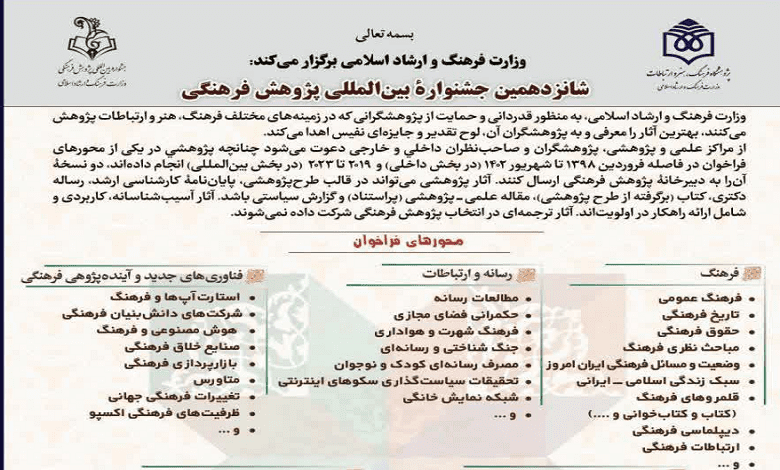 فراخوان شانزدهمين جشنواره بین المللی پژوهش فرهنگی منتشر شد